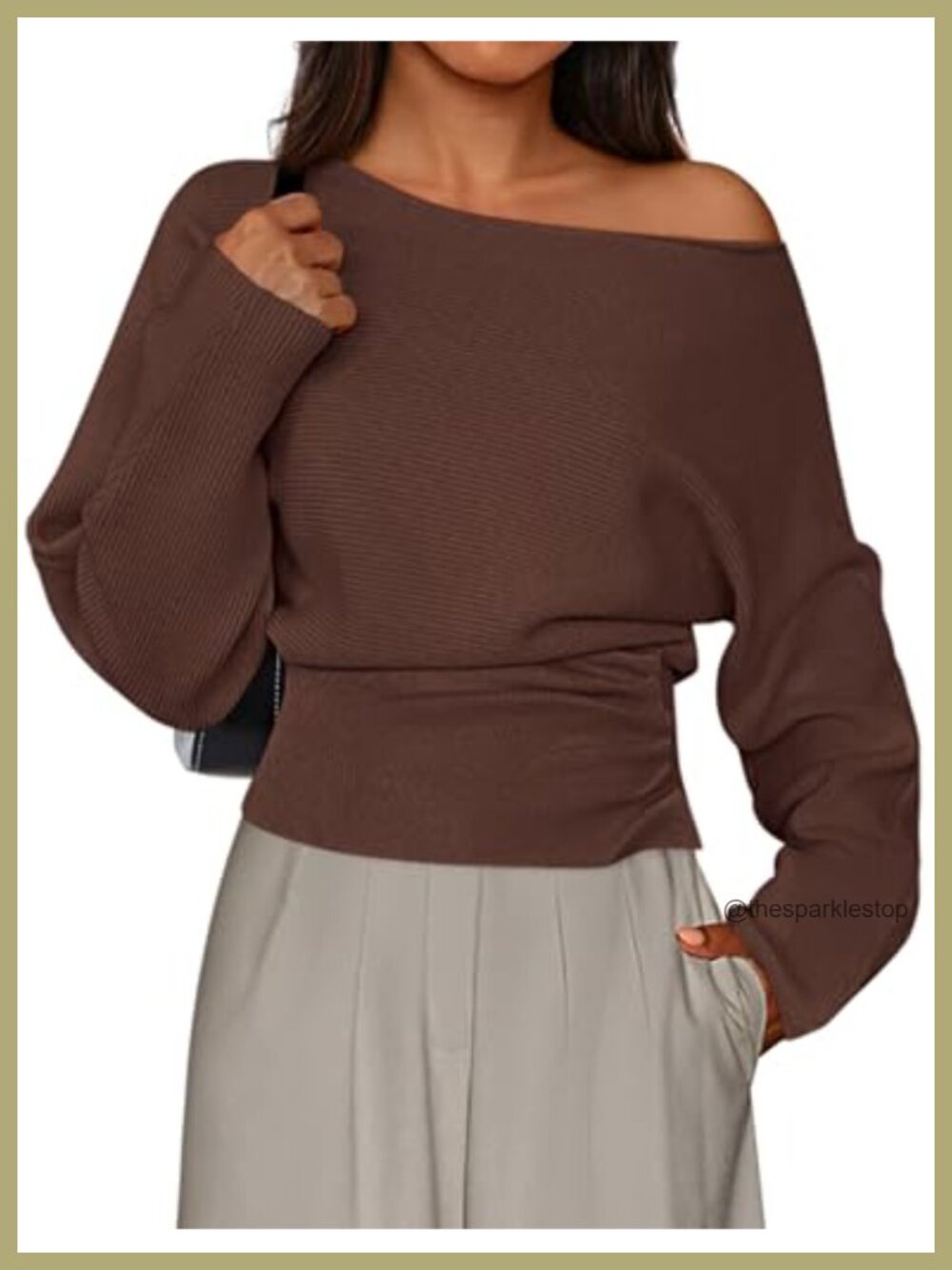 Off Shoulder Ribbed Knit Sweater Pullover Long Sleeve Fitted Waist Fall